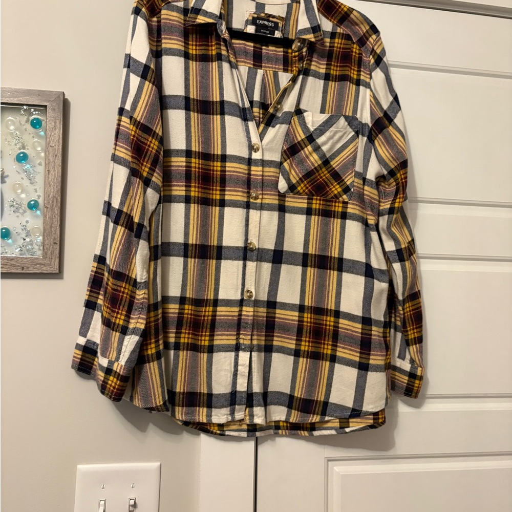 Express Boyfriend Plaid Shirt in Cream, Navy & Mustard